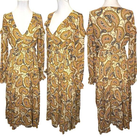 Paisley‎ Ruffle Midi Dress Womens S Sheer Pleated Regency Retro 70s Cottagecore - Picture 1 of 12